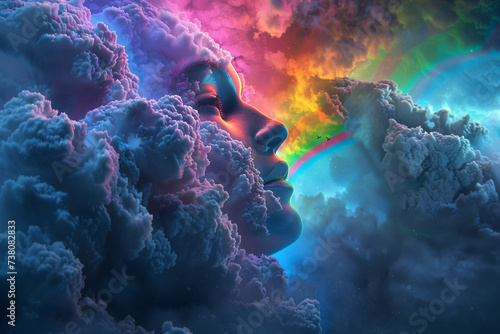 A unique 3D render showcasing a background filled with dark stormy clouds and a vivid rainbow emerging from a characters nose illuminating the scene with its vibrant colors