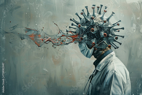 A unique and thought provoking illustration of a doctors head and a virus merging together conveying the intricate balance between health and illness in the medical field