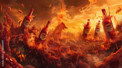 An infernal landscape with demons and flames where bottles of hot sauce rain down from the sky like hailstones