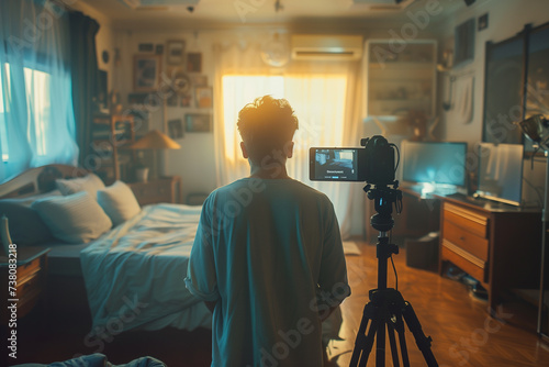 Close up of an blogger in his room filming video