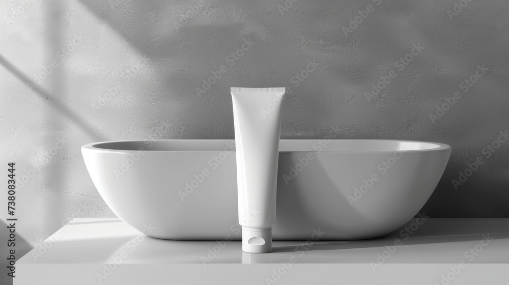 Mockup: White moisturizing face wash tube in bathroom room interior mock-up, beauty and care product packaging template, Free CopySpace