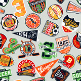 College athletic department sporting badges patchwork vintage vector seamless pattern for children kid wear fabric t shirt sweatshirt pajamas