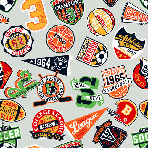 College athletic department sporting badges patchwork vintage vector seamless pattern for children kid wear fabric t shirt sweatshirt pajamas