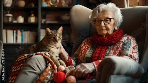 Elderly woman in cozy atmosphere enjoying time with pet cat. serene indoor lifestyle moment captured in warm light. homely scene of serenity and companionship. AI