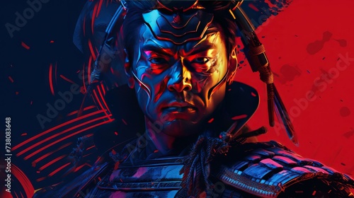 	
Illustration of the grim face of the Japanese samurai army, scary and evil	
