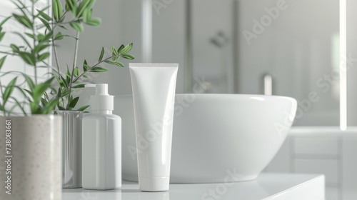 Wallpaper Mural Mockup: White moisturizing face wash tube in bathroom room interior mock-up, beauty and care product packaging template, Free CopySpace Torontodigital.ca