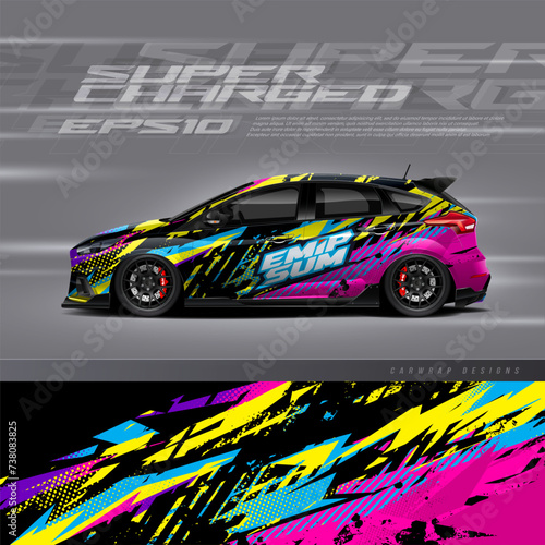 Racing car wrap design vector. Graphic abstract stripe racing background kit designs for wrap vehicle, race car, rally, adventure and livery