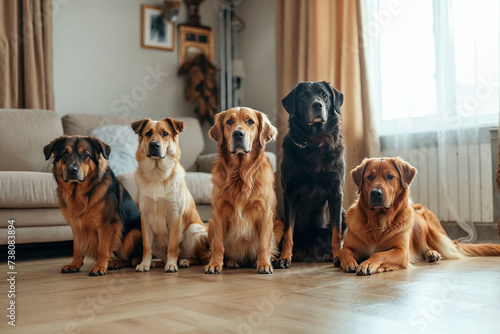 A pack of playful puppies from the sporting group gather indoors, sitting contently on the floor as they gaze out the window towards their loving owners