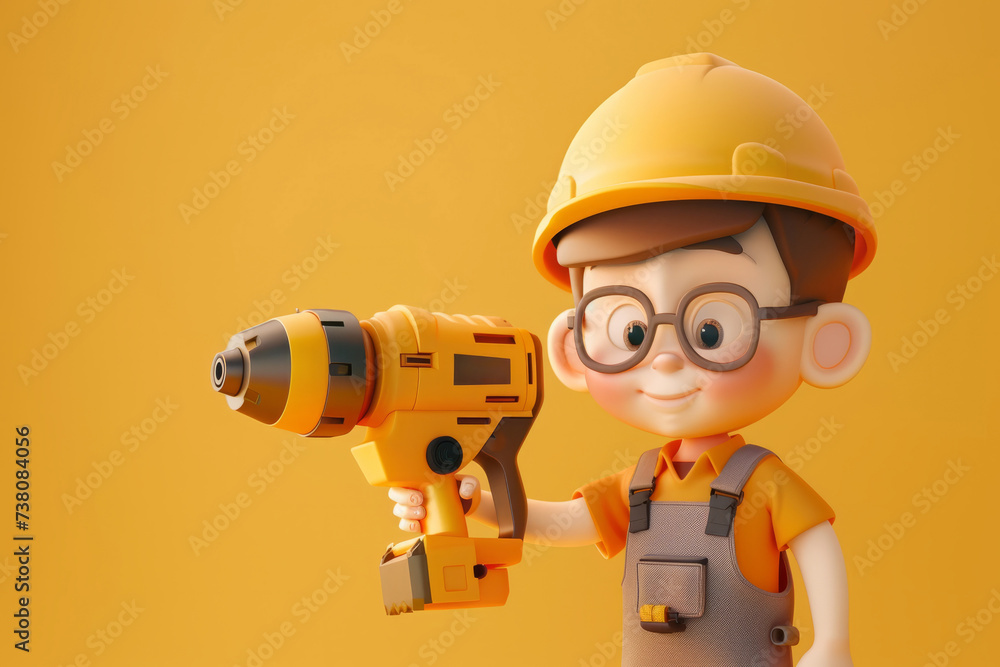 3D style cute cartoon character of a construction worker holding a large drill 3D style cute cartoon character of a construction worker holding a large drill