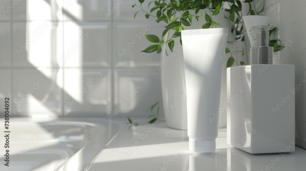 Mockup: White moisturizing face wash tube in bathroom room interior mock-up, beauty and care product packaging template, Free CopySpace Mockup: White moisturizing face wash tube in bathroom room interior mock-up, beauty and care product packaging template, Free CopySpace
