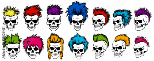 set collections skull head punk hair icon. rocker skull mohawk design vector illustration