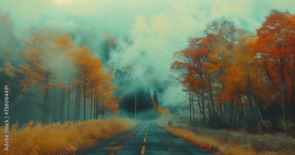 tall trees in the road romantic Autumn