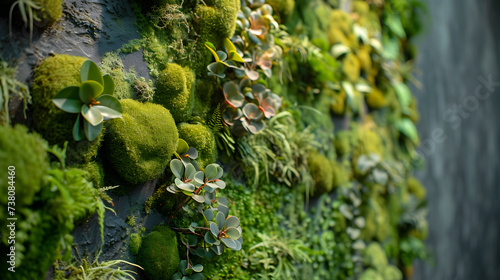 Woodland Harmony: Mossy Patterns on Stone in a Green Interior. Generative AI