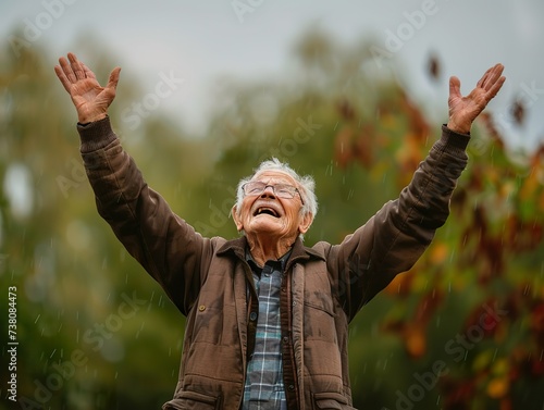 happy elderly man with hands in the air photostock