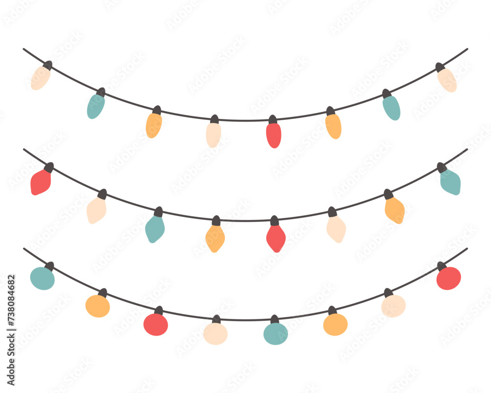 A set of festive garlands with multi-colored lamps. Icons in flat style. Vector A set of festive garlands with multi-colored lamps. Icons in flat style. Vector