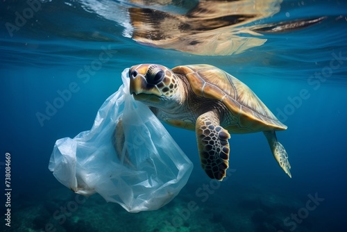 Turtle eat plastic bag under water, concept of plastic pollution in ocean environmental problem.
