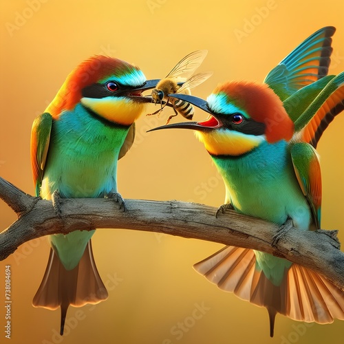  A pair of bee eater birds on a branch, with one bea eater feeding the otherone a bee photo