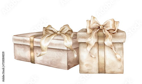 Set of gift boxes with bows for Merry New Year and birthday pastel golden and beige color . Watercolor hand drawing illustration on isolated background. Element for design holidays © Ekatmart
