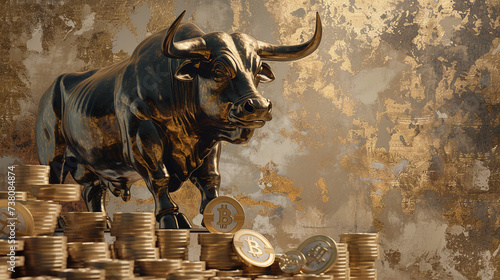 bull bitcoin symbol with piles of coins next to it, in the style of dark beige and dark amber, spirited movement, hyperrealistic murals, massurrealism, tanbi kei, flowing silhouettes, exotic realism photo