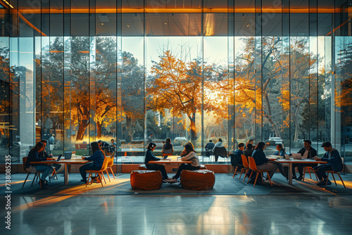 Wallpaper Mural Students Socializing in Outdoor University Courtyard. University students engaging in conversation at outdoor tables in a sunlit courtyard surrounded by modern architecture. Torontodigital.ca