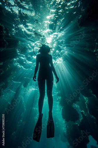 side view of a woman diving under the surface under the brilliance of the sun