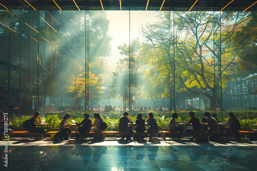Students Socializing in Outdoor University Courtyard. University students engaging in conversation at outdoor tables in a sunlit courtyard surrounded by modern architecture. photo