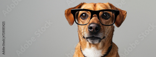 A sophisticated canine sporting stylish spectacles, showcasing the intelligence and charm of its breed while sporting a brown collar around its elegant snout photo