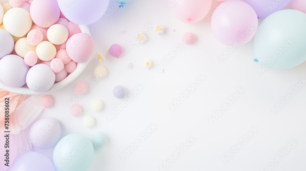 Urodzinowe minimalistyczne jasne tło na życzenia lub metryczkę z balonami i dekoracjami - narodziny dziecka - dziewczynki lub chłopca.  - obrazy, fototapety, plakaty 
