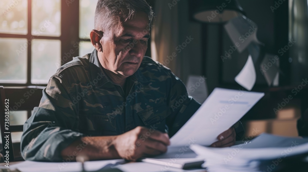 A middleaged male veteran sitting at a desk with a stack of paperwork trying to navigate the VA claims process.
