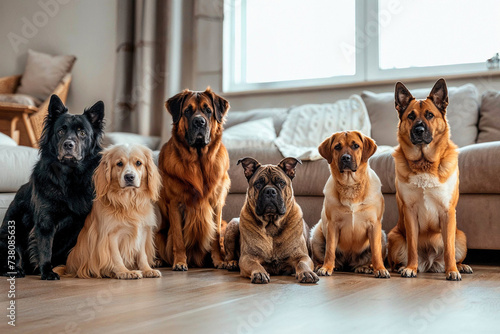 A litter of adorable puppies of various dog breeds gather around a cozy couch, sitting contently on the indoor floor with a curious brown pup staring at the wall photo