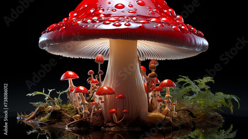 An Amanita muscaria mushroom on a black background