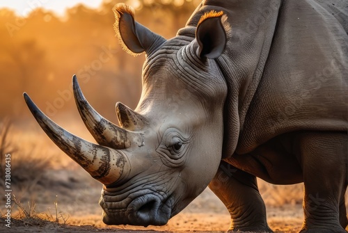 white rhino in the wild. rhino in the savanna at sunset. wildlife