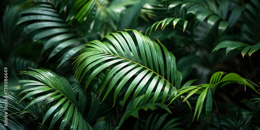 Vivid closeup of lush foliage and palm trees, dark tropical theme with flat lay arrangement. Vivid closeup of lush foliage and palm trees, dark tropical theme with flat lay arrangement.