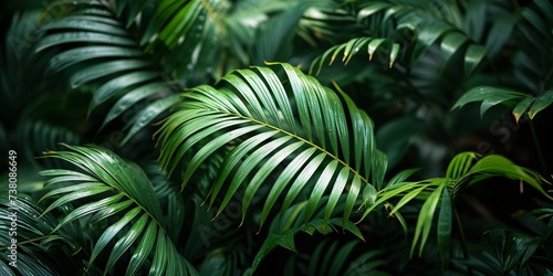 Vivid closeup of lush foliage and palm trees  dark tropical theme with flat lay arrangement.