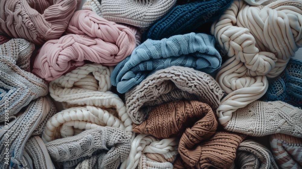 An overhead shot of a mountainous pile of baby sweaters, creating a visually captivating landscape of warmth.