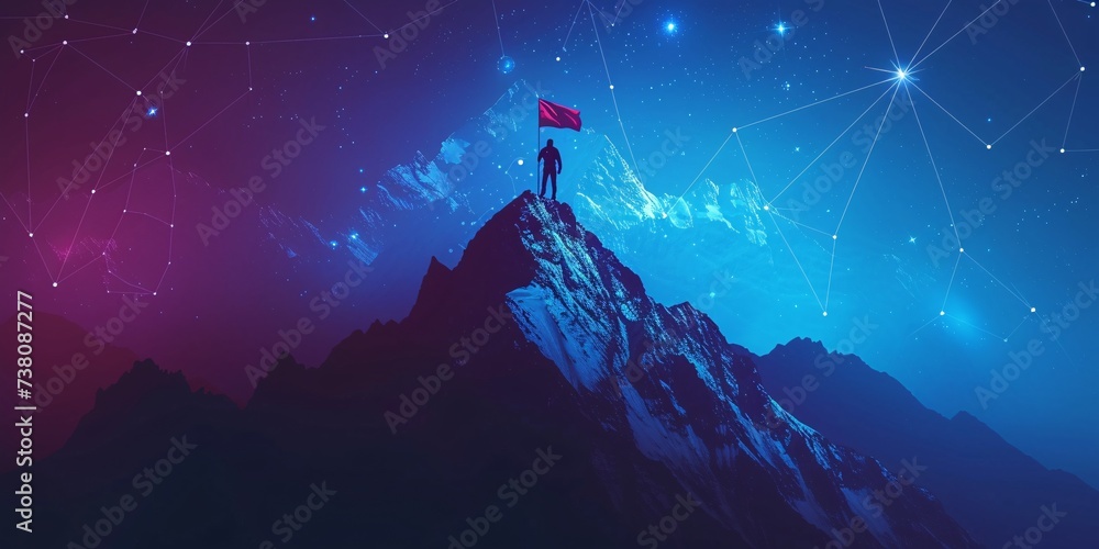 A digital peak with a banner and a skilled entrepreneur atop, representing abstract accomplishments and aspirations. Dark blue technology backdrop with mountains and stars.