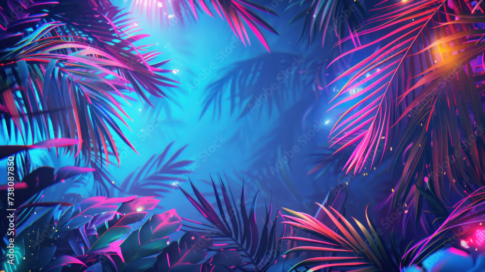 Neon tropical background with palm trees in the night as wallpaper illustration Neon tropical background with palm trees in the night as wallpaper illustration