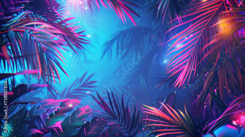 Neon tropical background with palm trees in the night as wallpaper illustration photo