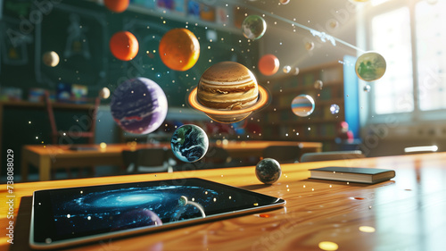 A tablet on a classroom desk displays an augmented reality solar system, where planets float mid-air, offering an immersive and interactive educational experience photo