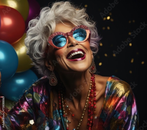 Vibrant Senior Woman Celebrating With Balloons and Confetti at a Generative AI