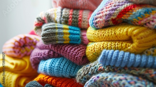 Tiny, colorful baby sweaters arranged in a playful heap, creating a whimsical and cheerful scene. © Abdul