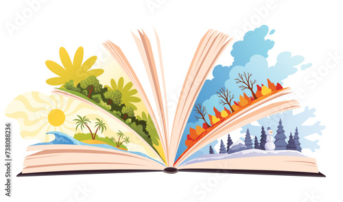 Book four seasons summer, winter, spring, autumn. Open book with different season on pages. Reading fantasy storybook about nature. Vector illustration