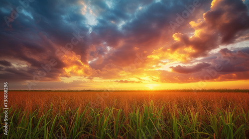 Sugarcane field and cloudy sky at sunset 