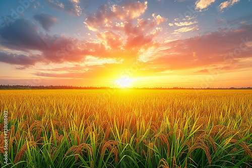 Golden Rice Fields. Organic Farming Background with Closeup of paddy rice on Plants