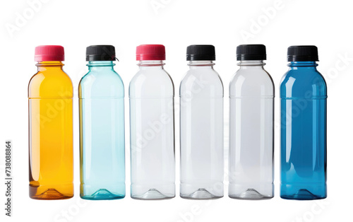Row of Different Colored Water Bottles. A line of various colored water bottles neatly arranged on a shelf. Isolated on a Transparent Background PNG.