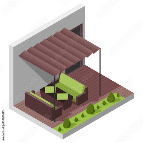 Inner courtyard isometric composition with patio. House with private terrace with covering from above. Covered veranda for table place. Modern architecture