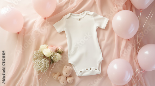 Urodzinowe minimalistyczne jasne tło na życzenia lub metryczkę z balonami, body i dekoracjami - narodziny dziecka - dziewczynki lub chłopca.
