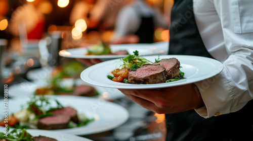 Waiter carrying plates with meat dish on some festive event, party or wedding reception restaurant
