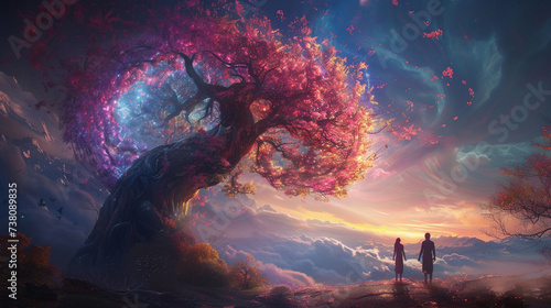 An otherworldly tree spiraling upwards adorned with colorful blooms while a human and a hybrid stand in awe
