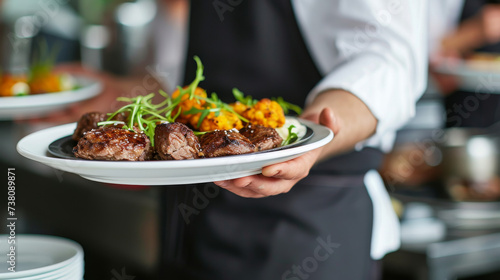 Waiter carrying plates with meat dish on some festive event, party or wedding reception restaurant 